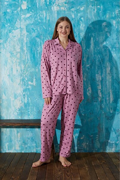 pijamakeyfi Kadın Büyük Beden Pijama Takımı Uzun Kollu V Yaka Ön Düğmeli