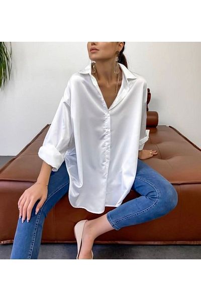 Lyuba Cămașă albă oversize model din satin de damă