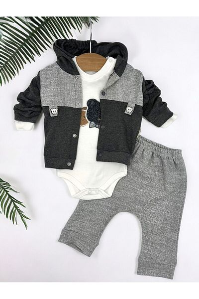 Ege Bebek Baby Boy 3-Piece Seasonal Hooded Bear Detailed Cute 3-Piece Bodysuit