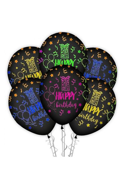 asöy Black Fluorescent 10 Pieces Happy Birthday Printed Balloon