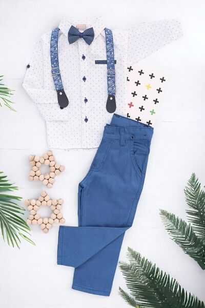 Ege Bebek Boy's Bow Tie Shirt Linen Trousers Hanging Holiday Bottom Top Children's Set