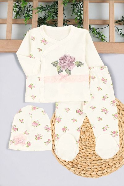 Ege Bebek Baby Girl Canvas Rose Detailed Bow 3 Piece Hospital Discharge / Bodysuit Set / Baby Suit Newborn