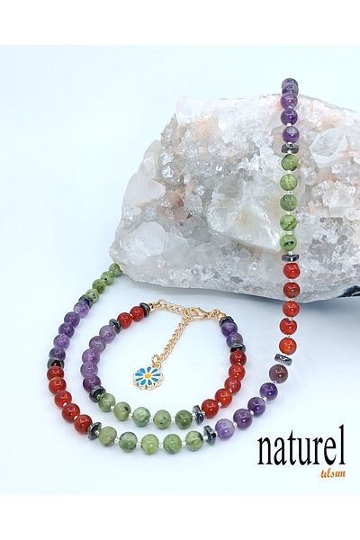 Naturel Tılsım قلادة من الأحجار الكريمة الطبيعية من حجر الجمشت العقيق كندا اليشم