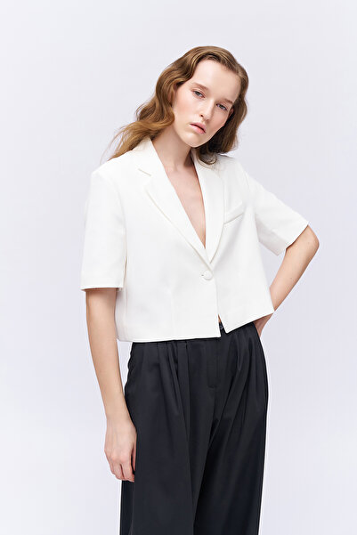 Quzu Ecru Crop Short Sleeve Blazer Jacket
