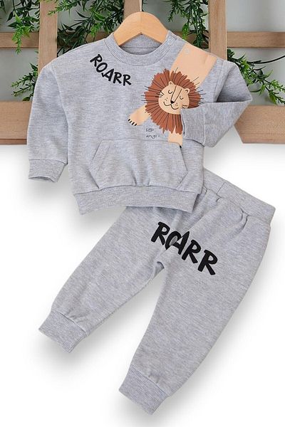 Ege Bebek Baby Boy Set - Lion Printed Accessory, Long Sleeve, Crew Neck, Bottom-Top Set