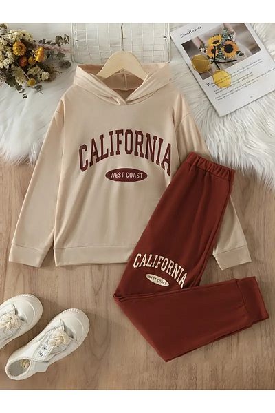 QUEENSTOWN Μπεζ/Καφέ California Printed - Γυναικεία αθλητική φόρμα με κουκούλα 3 νήματα