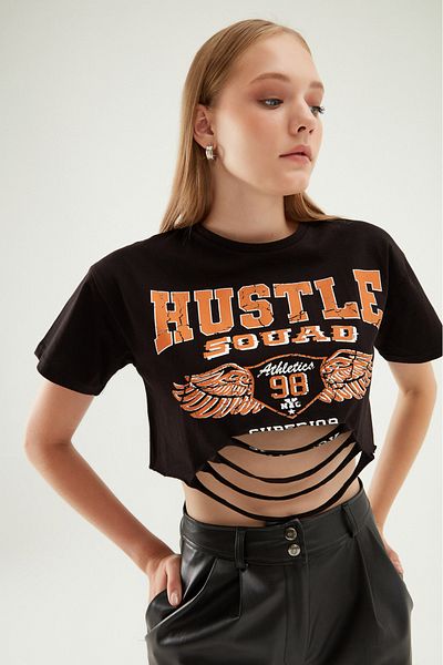 Quzu Černé tričko s potiskem Crop