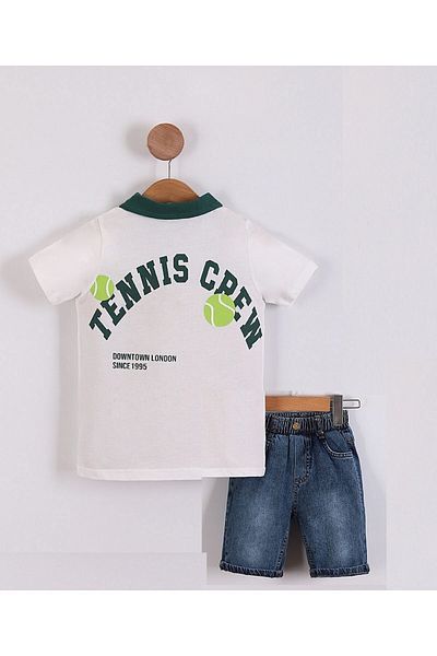voyyo kids baby BOY'S SUMMER PRINTED POLO COLLAR T-SHIRT AND JEANS SHORTS PRINTED SET