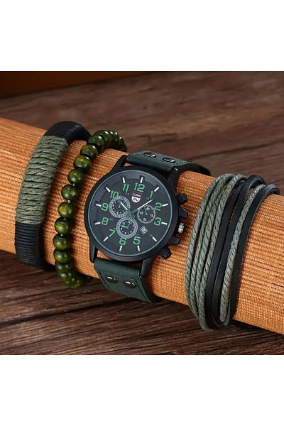 MSALIŞVERİŞ Men's Green Watch and Bracelet Set