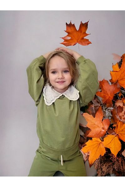 VEGAMOD Girl's Collar Lace Detailed Balloon Sleeve Very Stylish Vintage Top and Bottom Set 2-3-4-5 YEARS