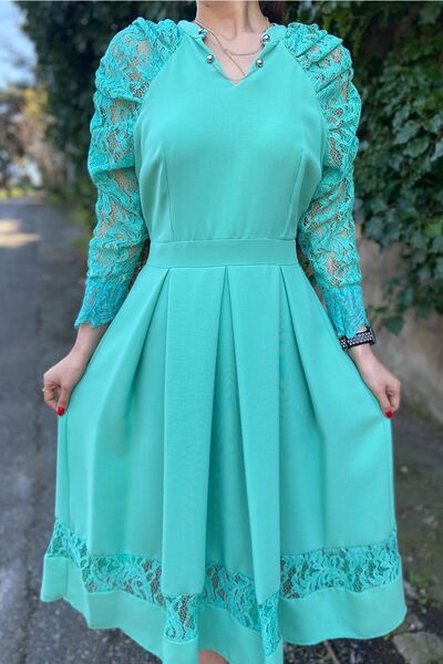 PHUDRA LİNE Kadın Yeşil Midi Boy Tamamı Dantel Kol Abiye Isteme Nişan Söz Mevlüt Elbise