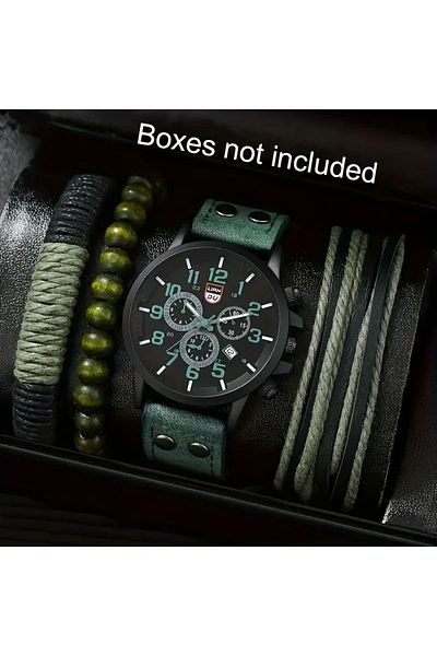 MSALIŞVERİŞ Men's Green Watch and Bracelet Set