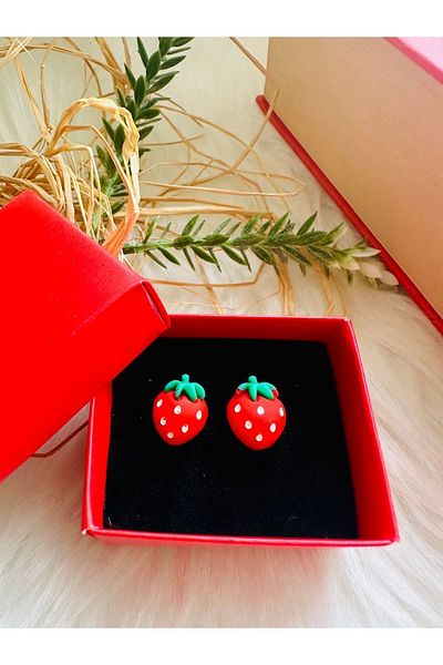 1PARÇAMAVİ Transparent Invisible Clip Strawberry Earrings for Kids - Without Holes