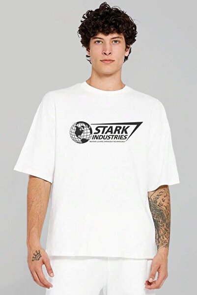 Alice Butik تي شيرت أبيض كبير الحجم مطبوع للجنسين من Stark Industries 2