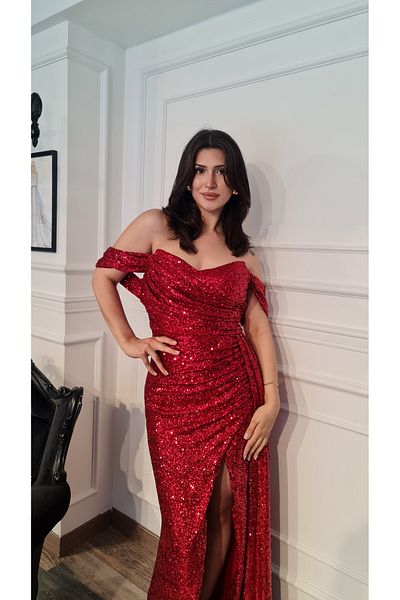 makbuleofficial Red SequinedStraplesDrape Detailed Henna Evening andAfterParty Evening Dress