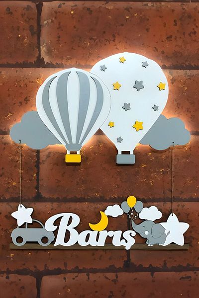 İnfigo Concept Illuminated Wooden Baby Door and Wall Decoration with Balloons - Yellow-Grey