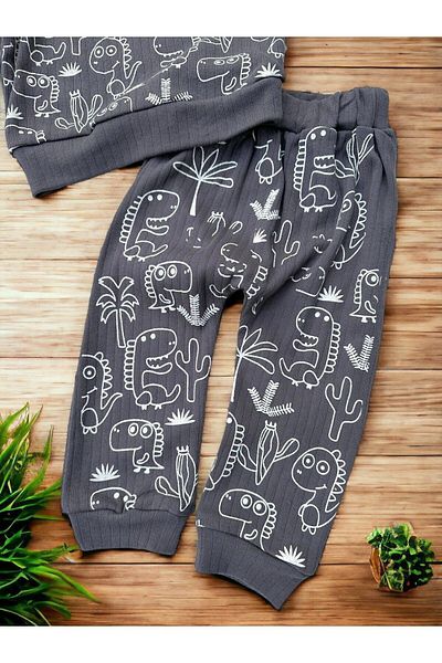 Egelite Baby Boy Set Seasonal Long Sleeve Crew Neck Dinosaur Printed Corduroy Top and Bottom Baby Set