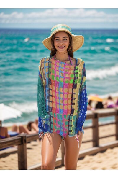 Hippybutik Çok Renkli Koton Tığ Dokuma El Işi Tasarım Dantel Bluz/tunik