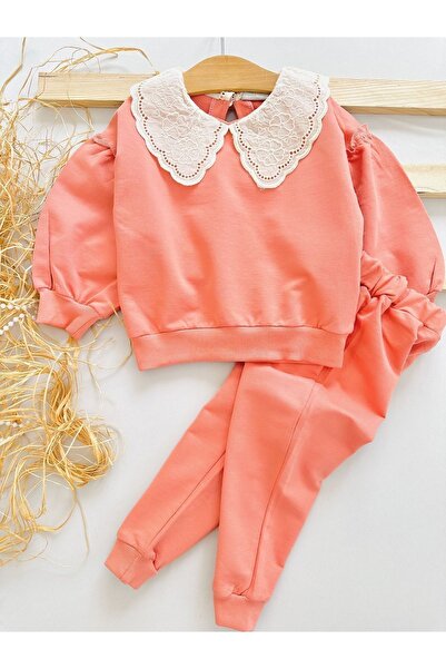 voyyo kids baby Girl's Vintage Collar Lace Detailed Balloon Sleeve Tracksuit Set