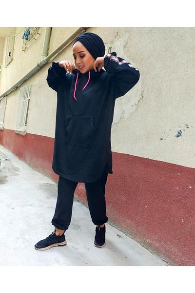CNG MODA Hijab Black Pink Highlighter Tracksuit Set