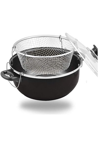 Demir Çeyiz Enameled Glass Lid Potato Pepper Pumpkin Sausage Eggplant Frying Pot Fryer (24cm)