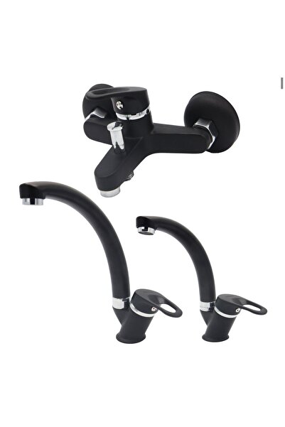 ERTİ ARMATÜR Erti Siyah Lüx Banyo Lavabo Mutfak Eviye 3 lü Set 10 Yıl Garanti