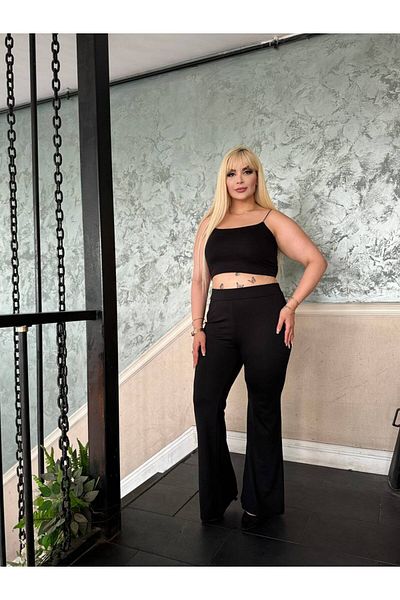Butik Nilyam Plus Size Black Spanish Pants - Elastic Waist, Steel Leggings 24164
