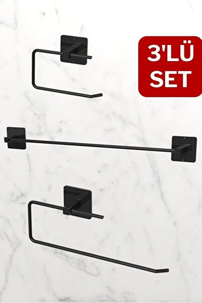 Genel Markalar 3'lü Banyo Seti, Siyah Uzun Havluluk, Wclik ve Peçetelik, Bany...