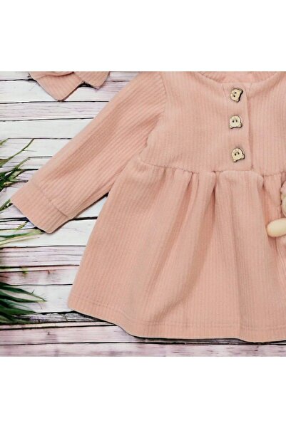 Egelite Kız Bebek Kışlık Polarlı Ayıcık Aksesuarlı Kadife Fitilli Doku Boneli Elbise Ahşap Düğmeli