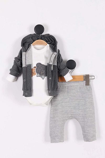 VOYYO Baby Boy 3-Piece Seasonal Hooded Bear Detailed Cute 3-Piece Bodysuit