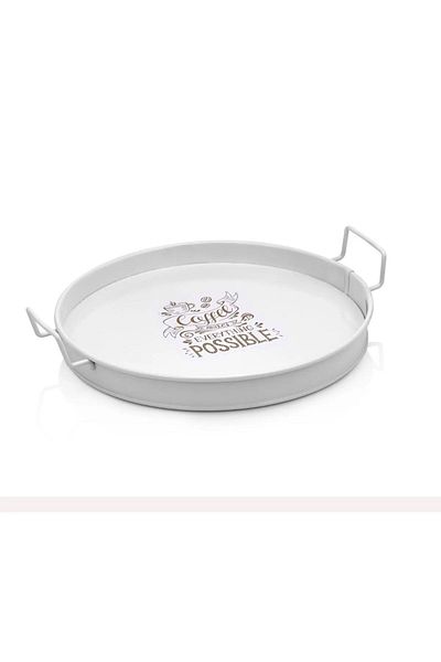 LUCKYHOMES Beyaz Village 27 Cm Round Presentation Tray - Multi-Purpose Tea Coffee Tray