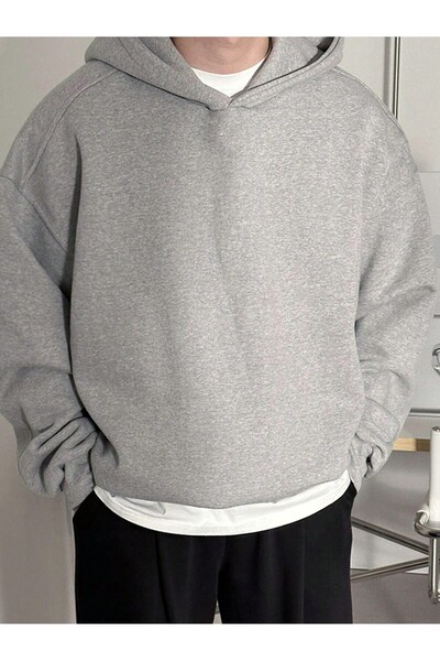 LUMİZA Men's Gray Solid Color Casual Hooded Sweatshirt