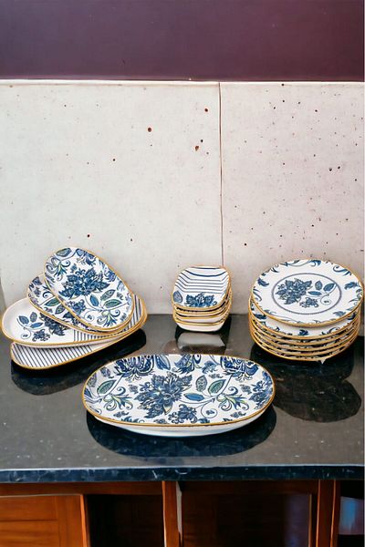 Aybelife Sahra 15 Pieces - Gold Gilded Stoneware Breakfast and Dowry Set
