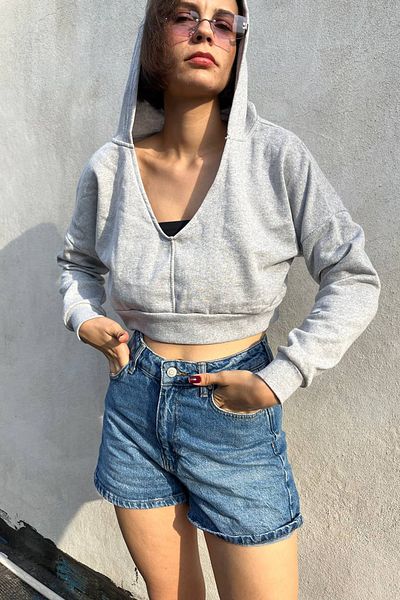 macklin V-Neck Hooded Basic Crop Women's Knitted Sweatshirt