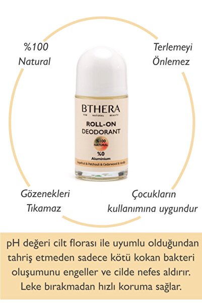Bthera Natural Doğal Roll-on Deodorant Ter Kokusu Önleyici Vanilya-Greyfurt-Paçuli-Sedir %100Natural-50ml