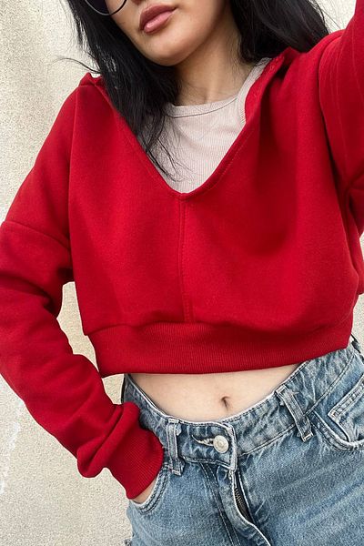 macklin V-Neck Hooded Basic Crop Women's Knitted Sweatshirt