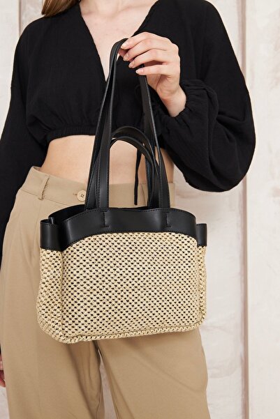 zuleibag حقيبة يد وكتف نسائية باللون الأسود مع قطط من القش