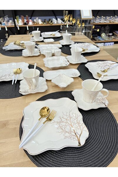 AROW 32 Parça 6 Kişilik Porselen Kahvaltı Takımı Seti Ağaçlı