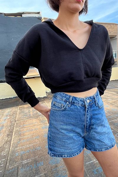 macklin V-Neck Hooded Basic Crop Women's Knitted Sweatshirt