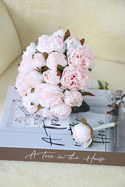 Yapay Çiçek Deposu Gelin Buketi 20li Tırtıklı Şakayık Güller Pudra Model6