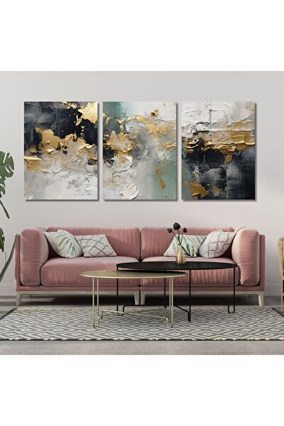 GAAGART 3'lü Kanvas Duvar Tablosu Soyut Siyah Gold Desenler