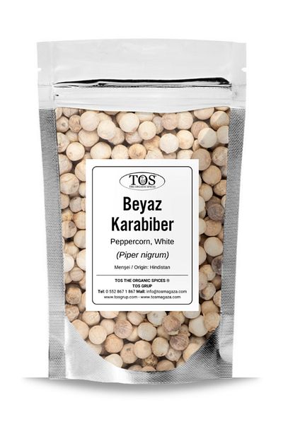 TOS The Organic Spices 100g White Black Pepper Whole - 1St Quality Piper Nigrum / Peppercorn, White Full Frukt