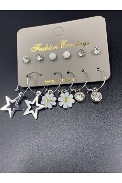 Alitaha Bijuteri 12li Gümüş Renkli Papatya Ve Yıldızlı Küpe Seti