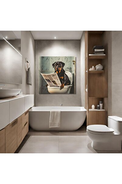 GAAGART Tekli Kare Kanvas Banyo Tablosu Gazete Okuyan Rottweiler Köpek