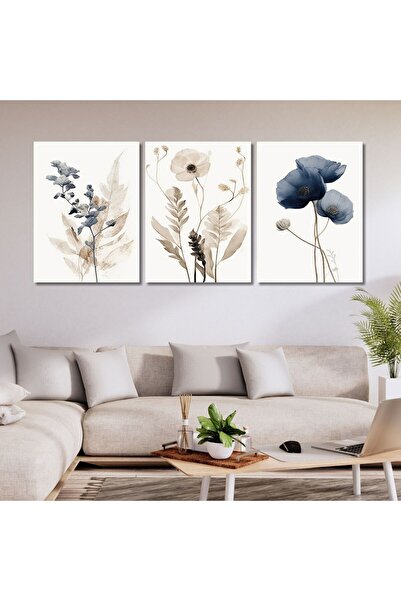 GAAGART 3'lü Kanvas Duvar Tablosu Pastel Soft Mavi Çiçekler