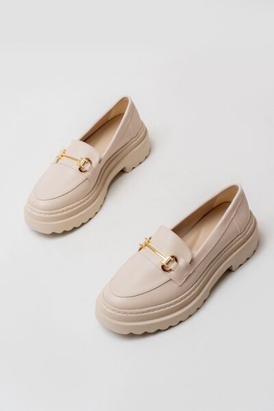 MASSOLE Kadın Kalın Taban Bej Deri Loafer İthal Tokalı Günlük Rahat Okul Oxford Comfort Yeni Sezon