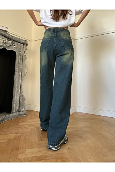 BİLBEC JEANS Πράσινο φαρδύ τζιν με φαρδύ πόδι - Αισθητικό πλενόμενο