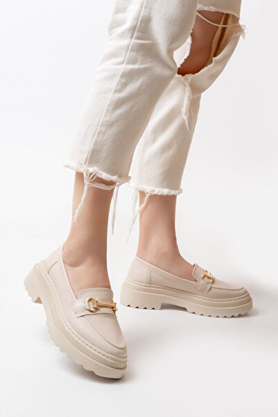 MASSOLE Kadın Kalın Taban Bej Deri Loafer İthal Tokalı Günlük Rahat Okul Oxford Comfort Yeni Sezon