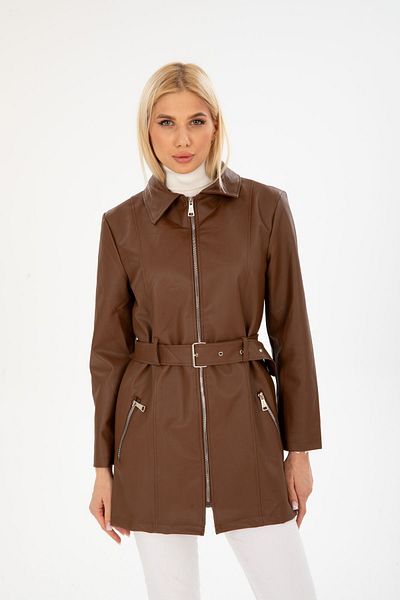 İLKCET MODA Pardesiu de damă - lung cu curea din piele