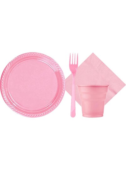 PartylandTR Pembe 25 Kişilik Plastik Bardak Çatal Tabak Peçete
